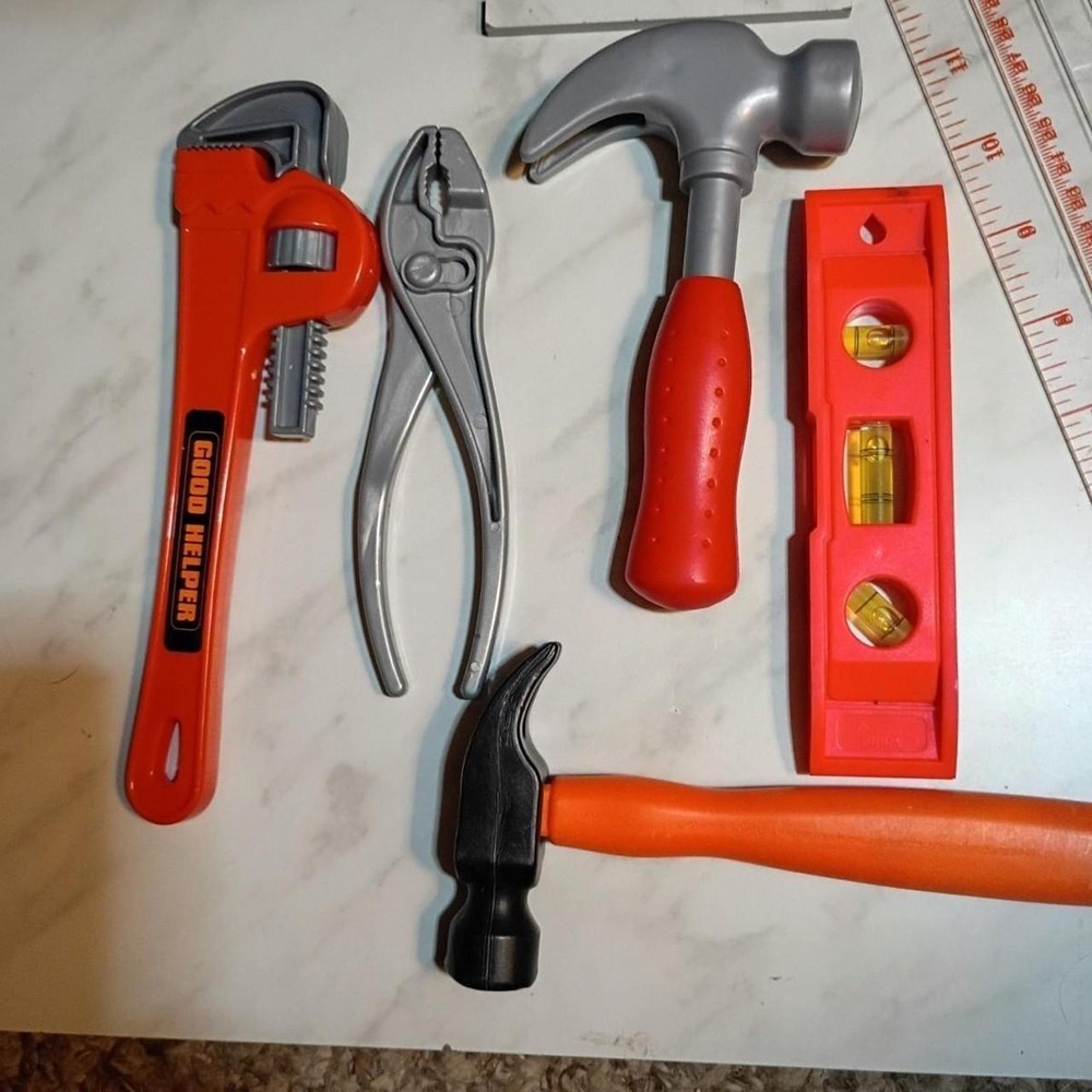 Kids Toy Tool Set 5pc Good Helper Pipe Wrench Hammers Pliers Level Plastic Toys